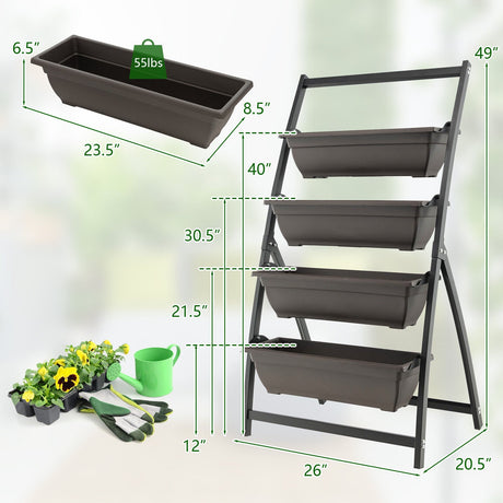 Jardinera vertical elevada de 4 niveles con 4 contenedores y orificios de drenaje