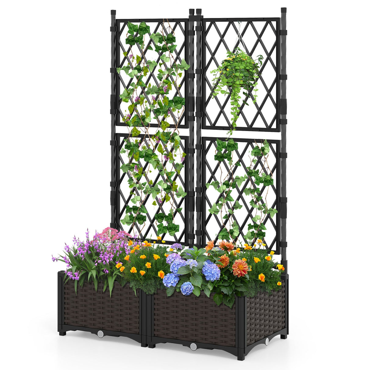 Maceta elevada con celosía, drenaje, riego automático y plantadores verticales elevados - Negro