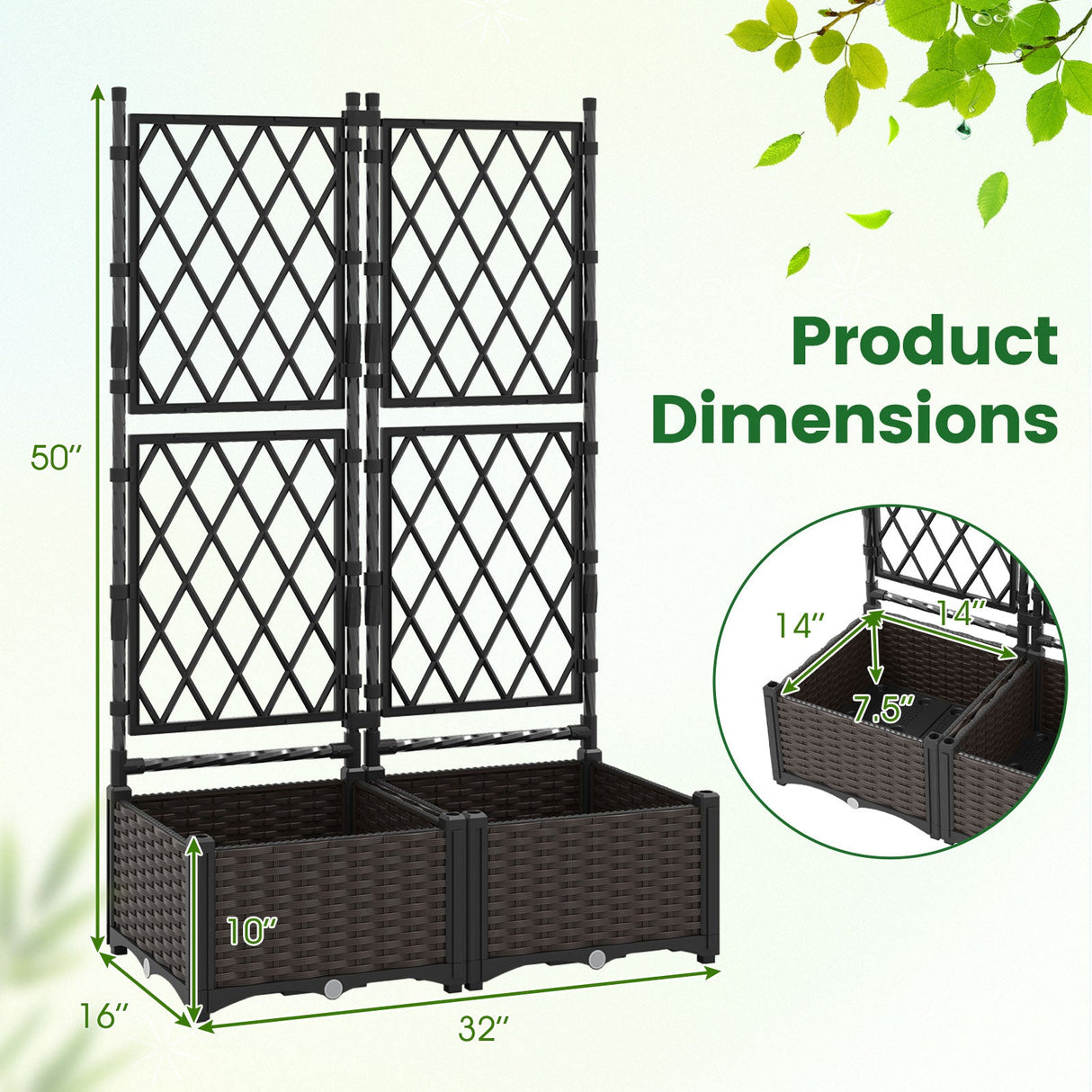 Maceta elevada con celosía, drenaje, riego automático y plantadores verticales elevados - Negro