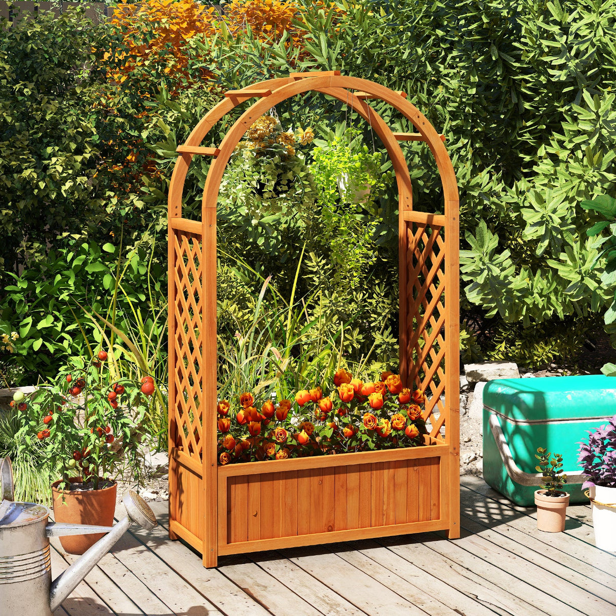 Cama de jardín elevada con celosía, techo arqueado, jardinera elevada de madera - Marrón