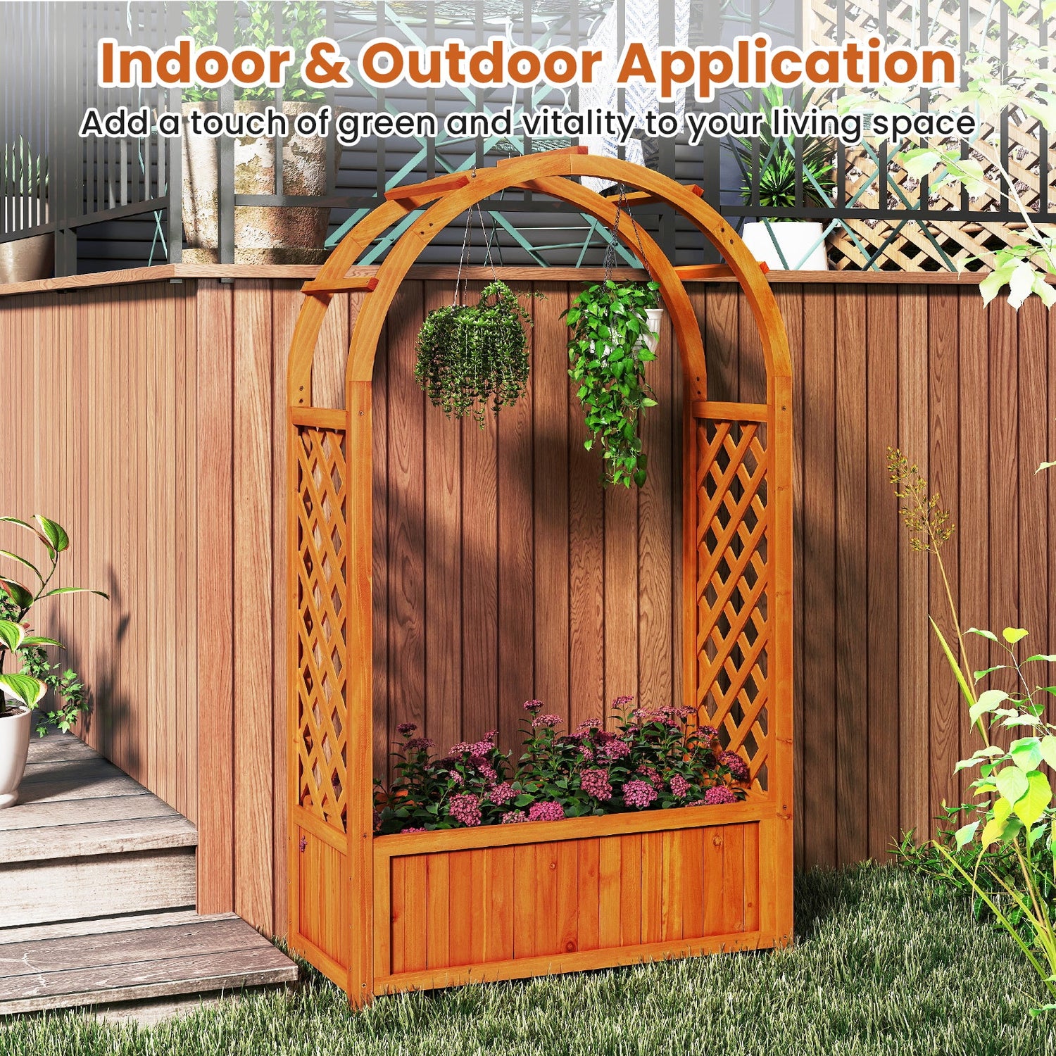 Cama de jardín elevada con celosía, techo arqueado, jardinera elevada de madera - Marrón