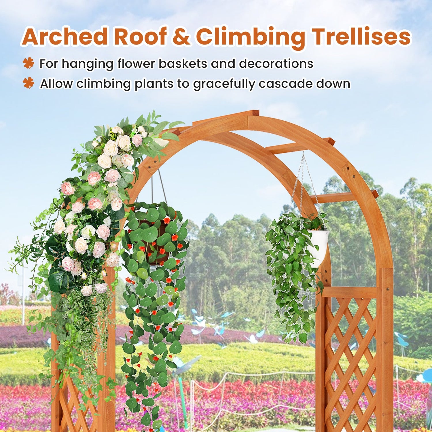 Cama de jardín elevada con celosía, techo arqueado, jardinera elevada de madera - Marrón