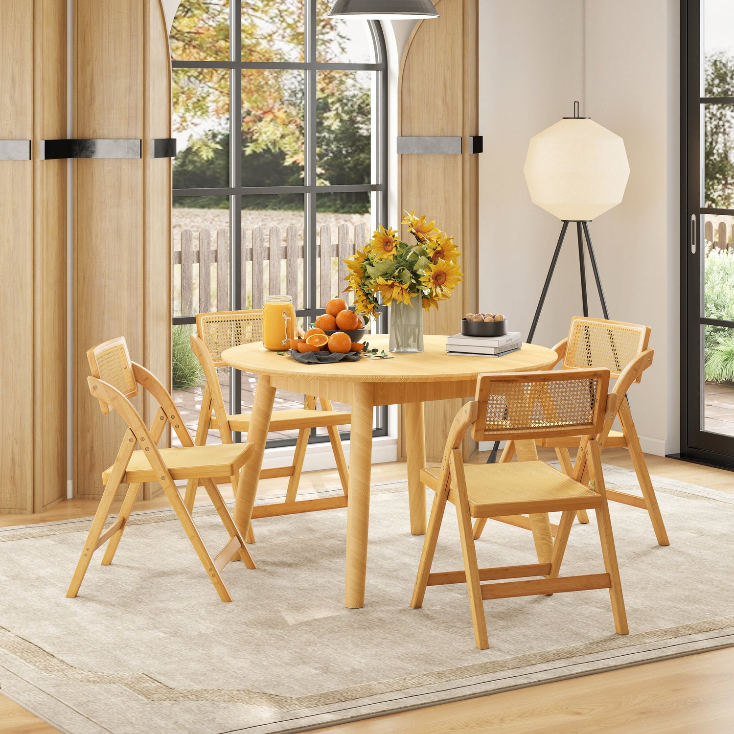 Juego de 2 sillas de comedor plegables de ratán con respaldo giratorio - Natural