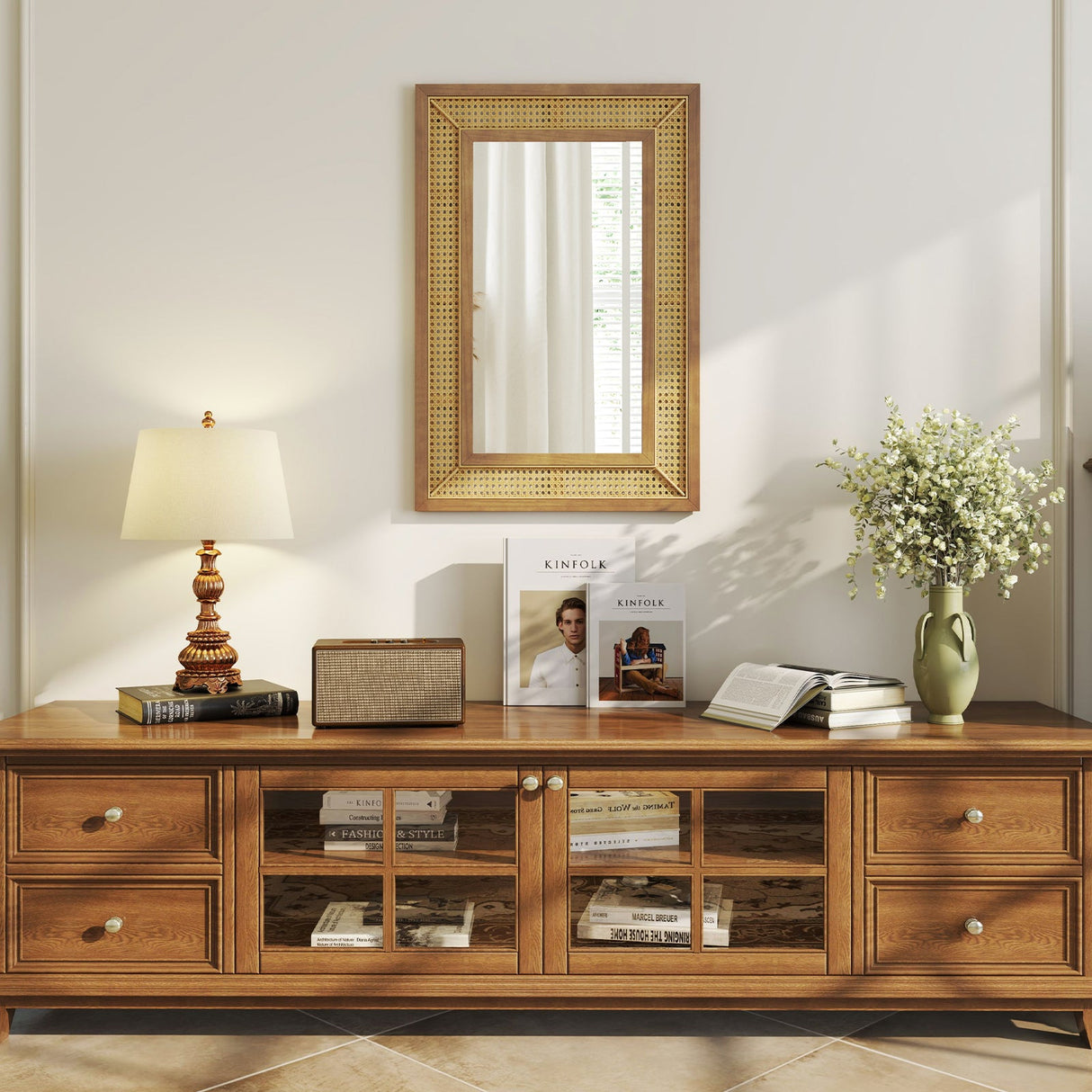 Espejo decorativo de pared de ratán con marco de madera para baño y sala de estar - Natural