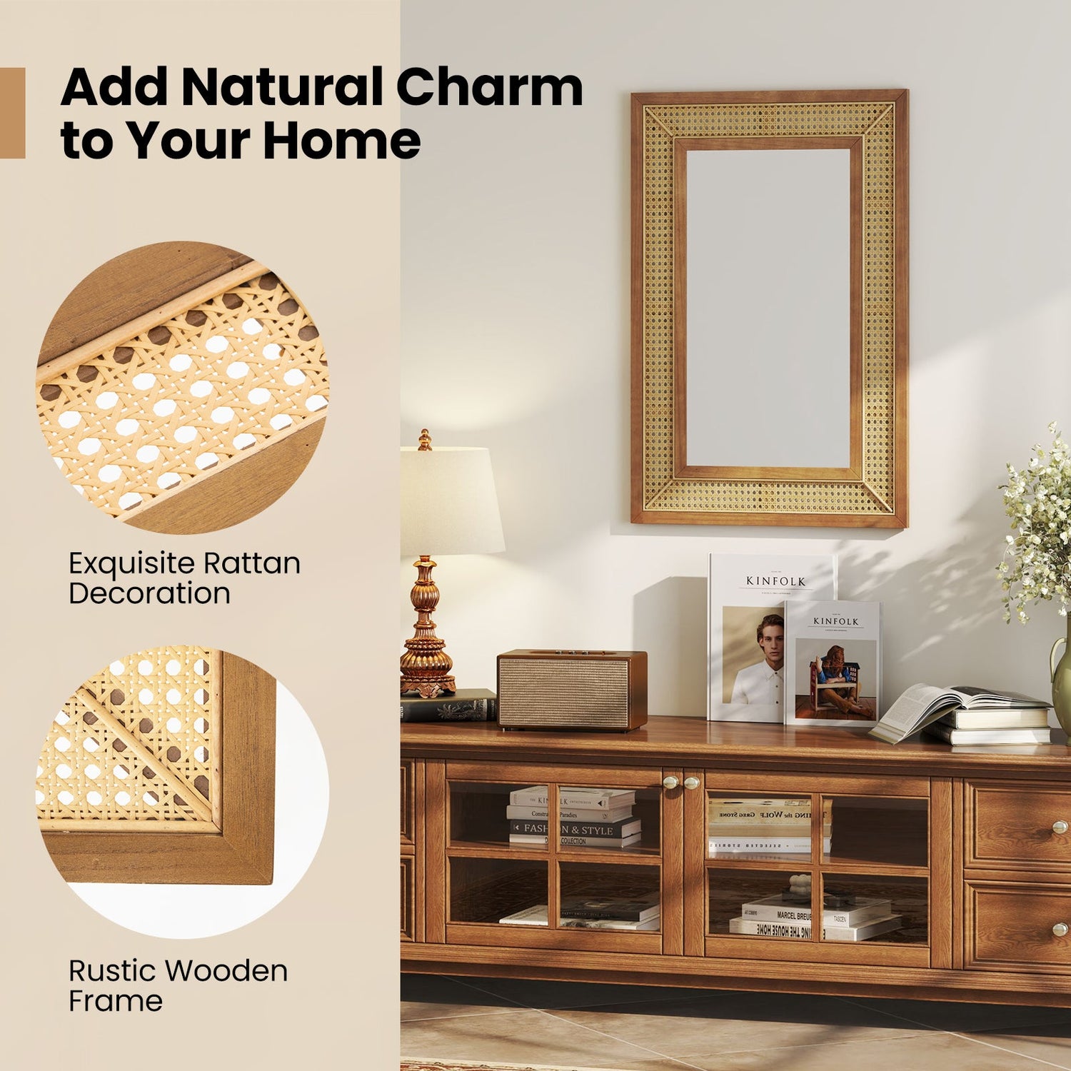 Espejo decorativo de pared de ratán con marco de madera para baño y sala de estar - Natural