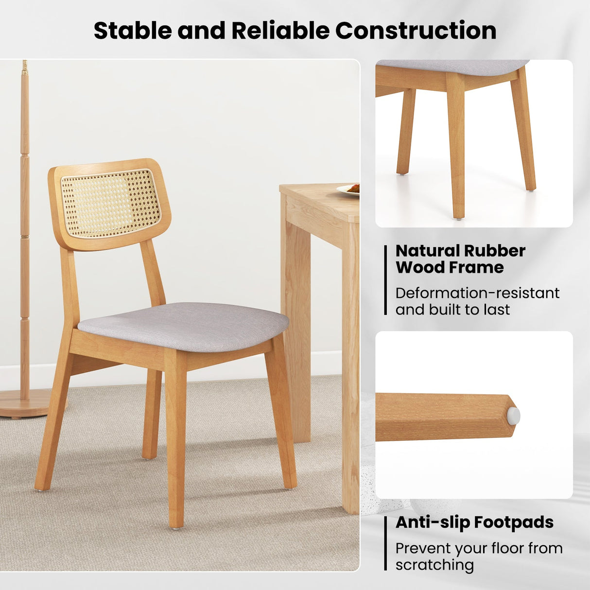 Juego de 2 sillas de comedor de ratán con respaldo de caña y estructura de madera de caucho - Natural