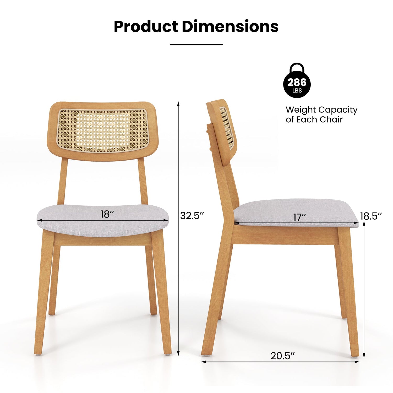 Juego de 2 sillas de comedor de ratán con respaldo de caña y estructura de madera de caucho - Natural