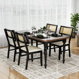 Juego de 4 sillas de comedor de ratán, sillas de cocina tapizadas en tela con asiento acolchado y patas de madera de caucho - Negro