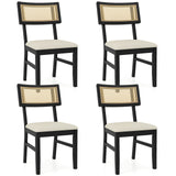Juego de 4 sillas de comedor de ratán, sillas de cocina tapizadas en tela con asiento acolchado y patas de madera de caucho - Negro