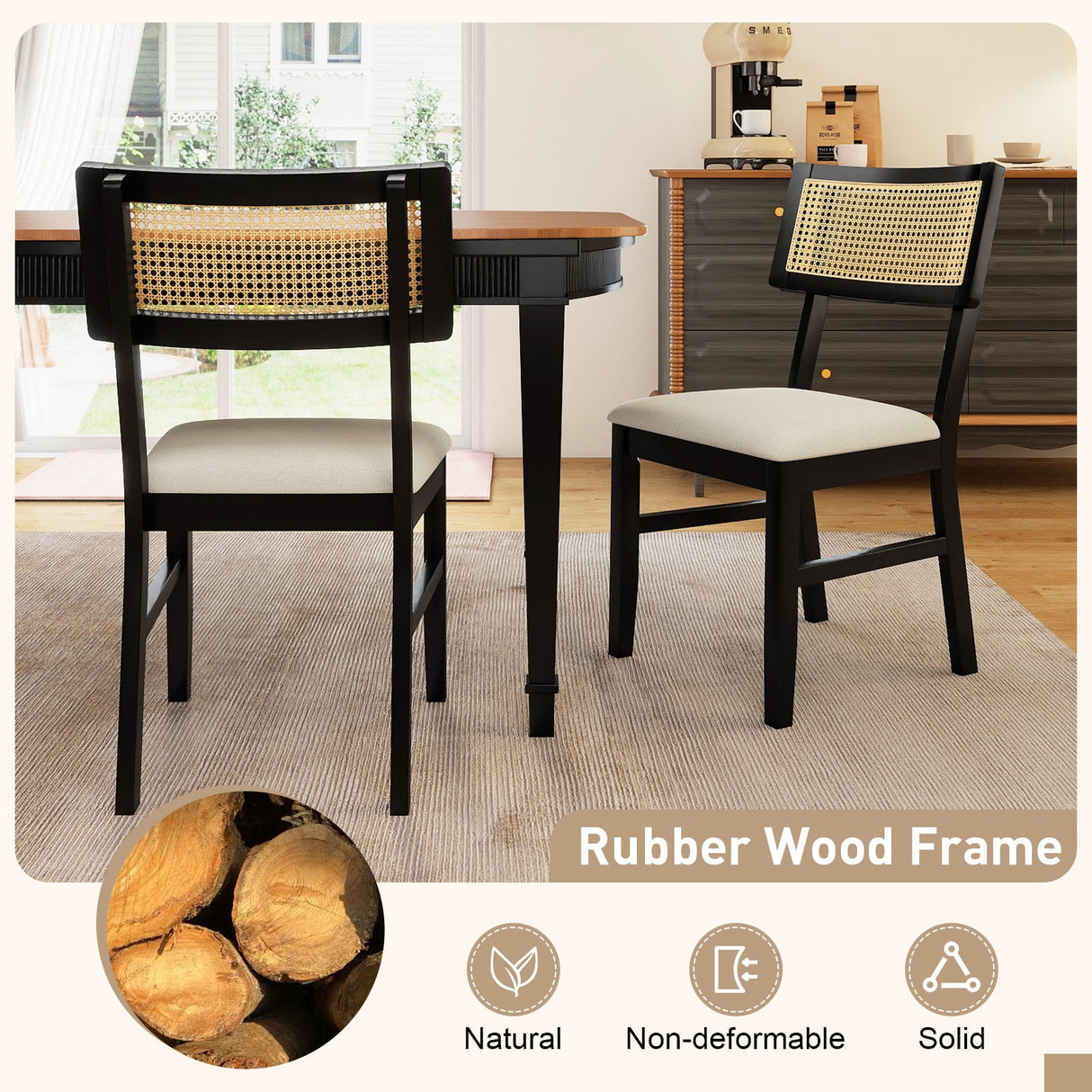 Juego de 4 sillas de comedor de ratán, sillas de cocina tapizadas en tela con asiento acolchado y patas de madera de caucho - Negro