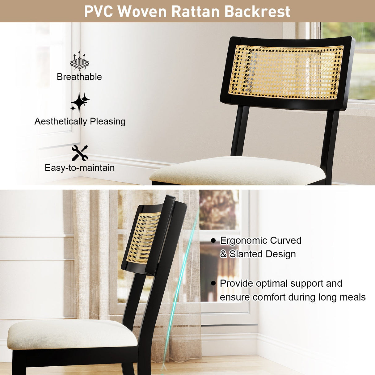 Juego de 4 sillas de comedor de ratán, sillas de cocina tapizadas en tela con asiento acolchado y patas de madera de caucho - Negro