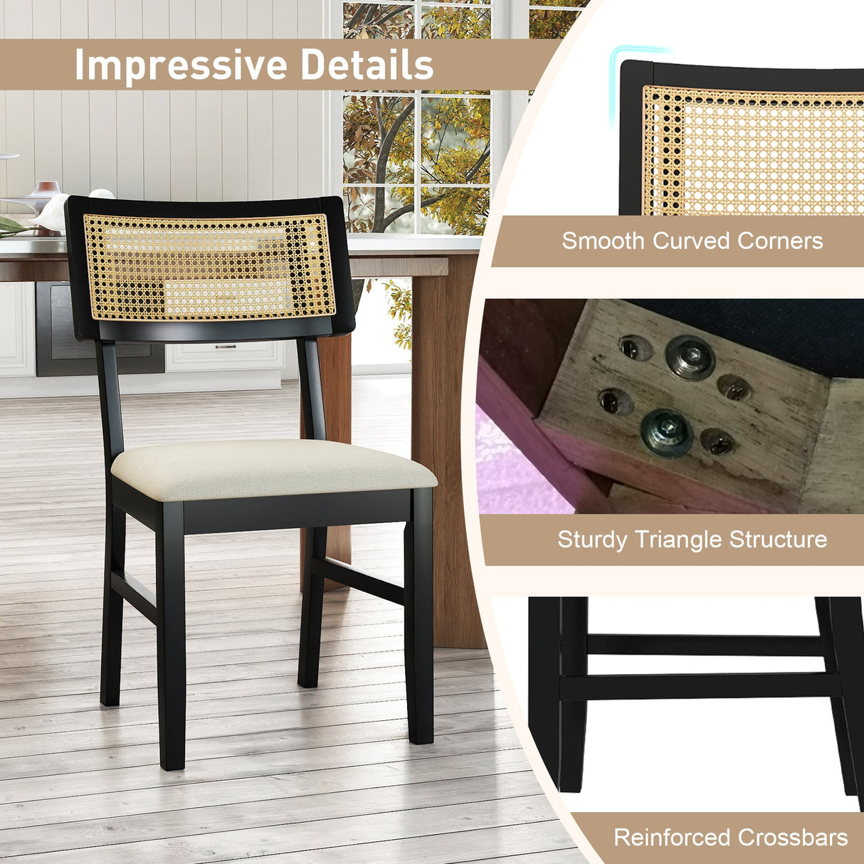 Juego de 4 sillas de comedor de ratán, sillas de cocina tapizadas en tela con asiento acolchado y patas de madera de caucho - Negro