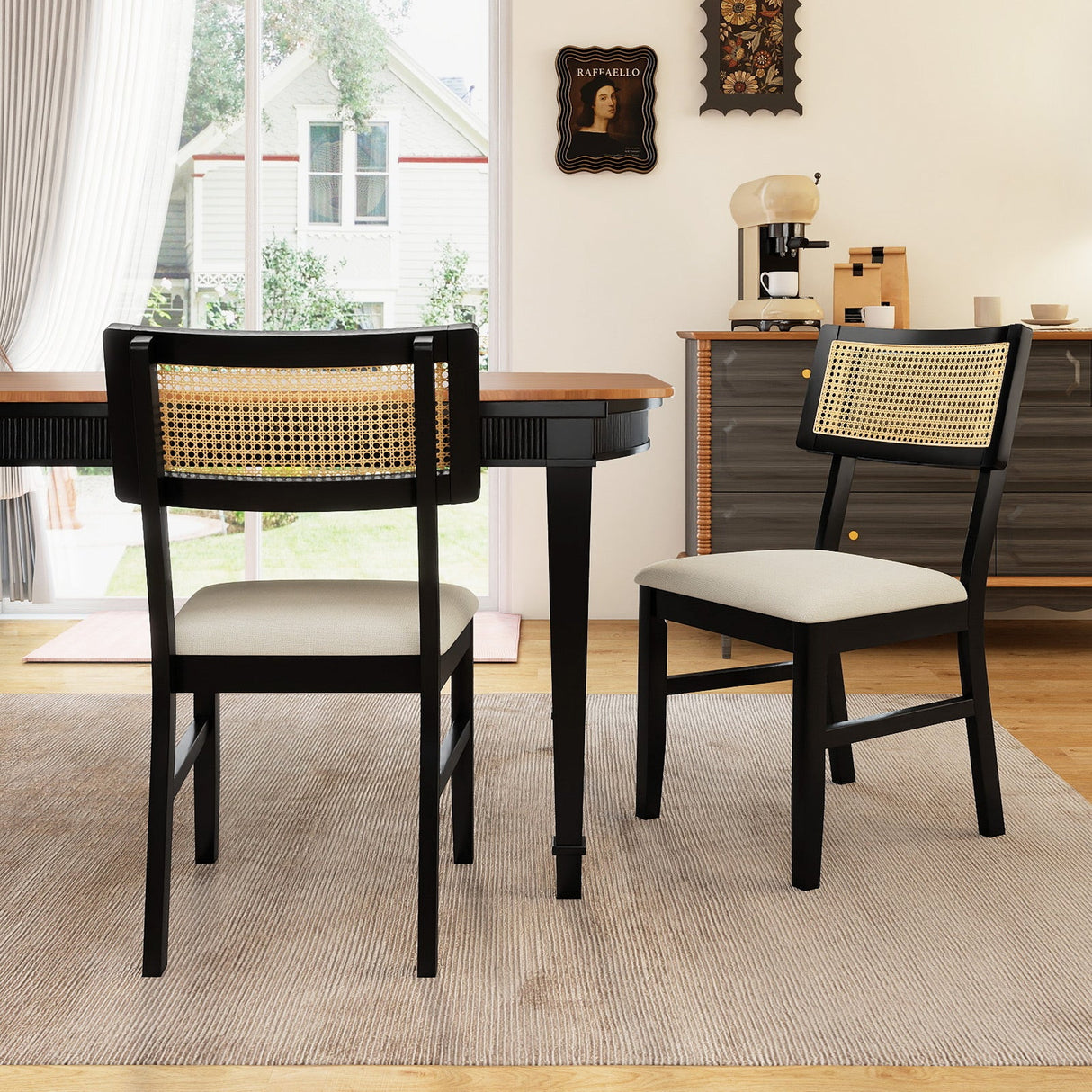 Juego de 2 sillas de comedor de ratán, sillas de cocina tapizadas en tela con asiento acolchado y patas de madera de caucho - Negro