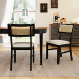 Juego de 2 sillas de comedor de ratán, sillas de cocina tapizadas en tela con asiento acolchado y patas de madera de caucho - Negro