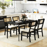 Juego de 2 sillas de comedor de ratán, sillas de cocina tapizadas en tela con asiento acolchado y patas de madera de caucho - Negro