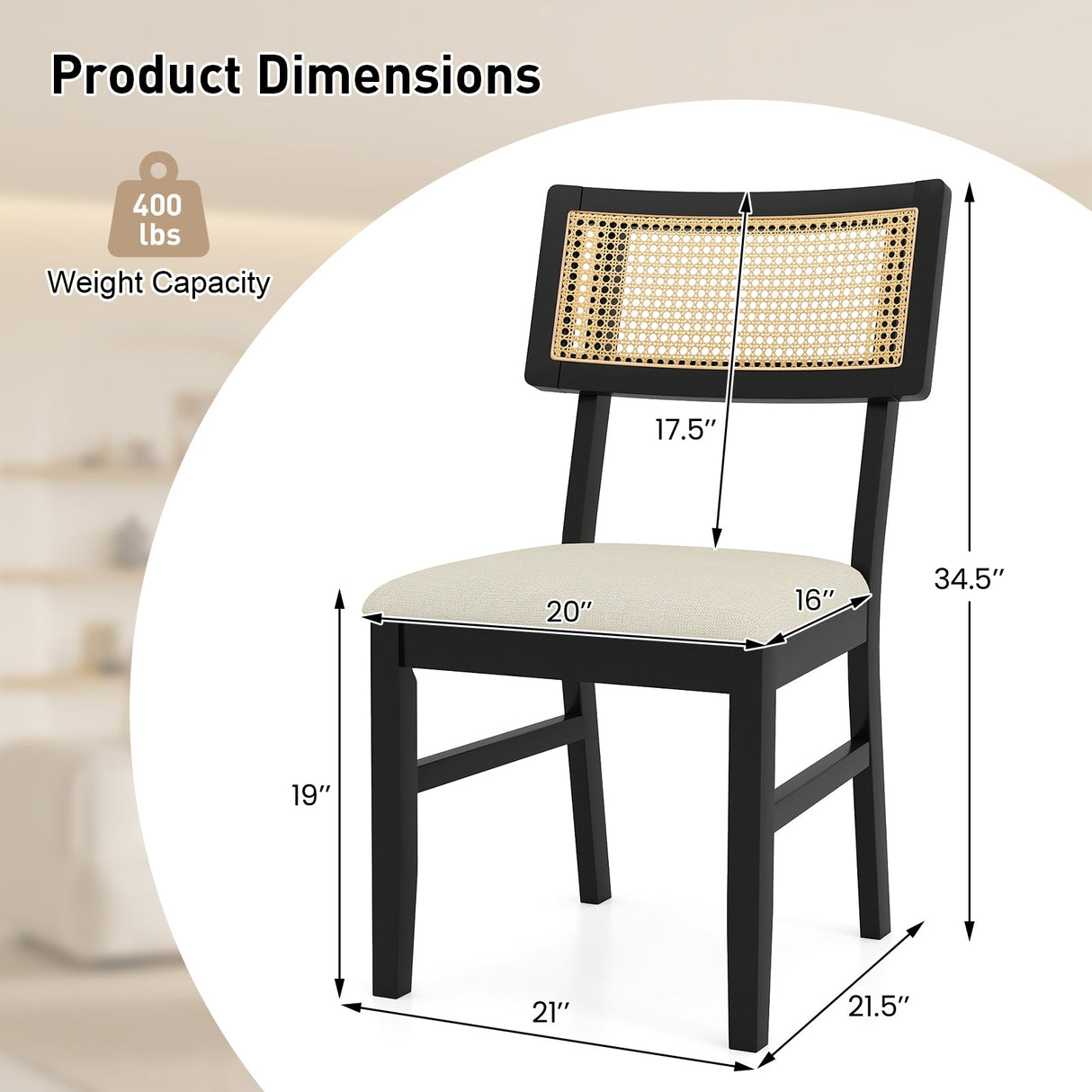 Juego de 2 sillas de comedor de ratán, sillas de cocina tapizadas en tela con asiento acolchado y patas de madera de caucho - Negro