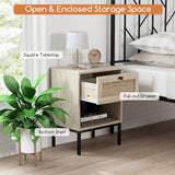 Rattan Nightstand Boho End Table with Rattan Drawer and Open Shelf