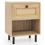 Rattan Nightstand Boho End Table with Rattan Drawer and Open Shelf