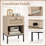 Rattan Nightstand Boho End Table with Rattan Drawer and Open Shelf Set of 2