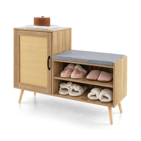 Armario de zapatos de ratán 2 en 1 con banco, banco de almacenamiento de zapatos con cojín lavable-Natural