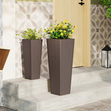 Rattan Tall Planter Set of 2 Outdoor Large Tapered Planters with Removable Inner Trays