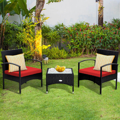 Juego de muebles de patio de ratán de mimbre de 3 piezas con cojín para jardín trasero