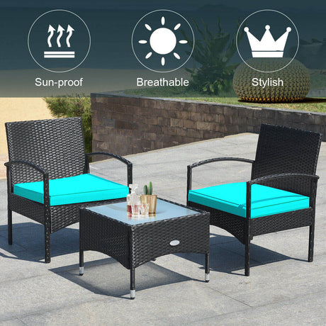Juego de muebles de patio de ratán de mimbre de 3 piezas con cojín para jardín trasero