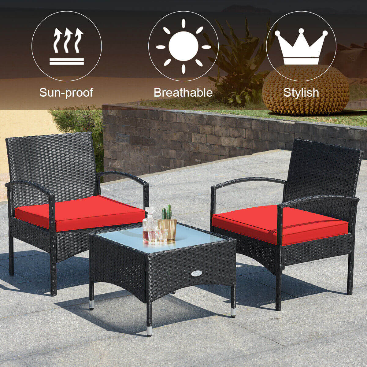 Juego de muebles de patio de ratán de mimbre de 3 piezas con cojín para jardín trasero