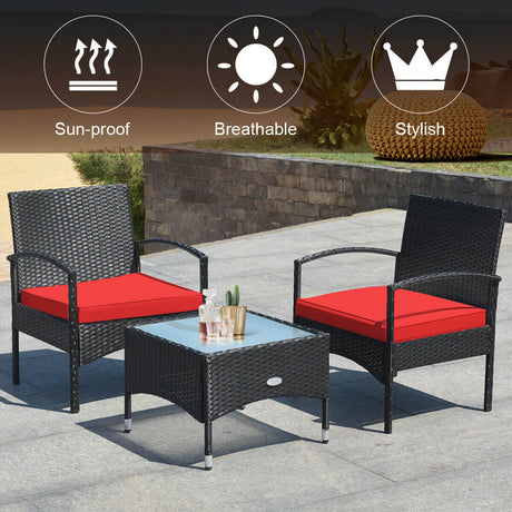 Juego de muebles de patio de ratán de mimbre de 3 piezas con cojín para jardín trasero