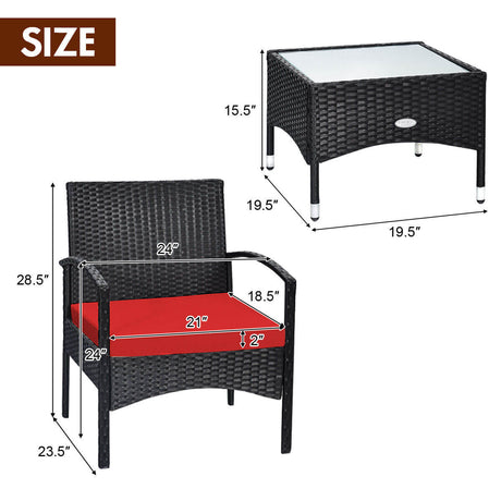 Juego de muebles de patio de ratán de mimbre de 3 piezas con cojín para jardín trasero