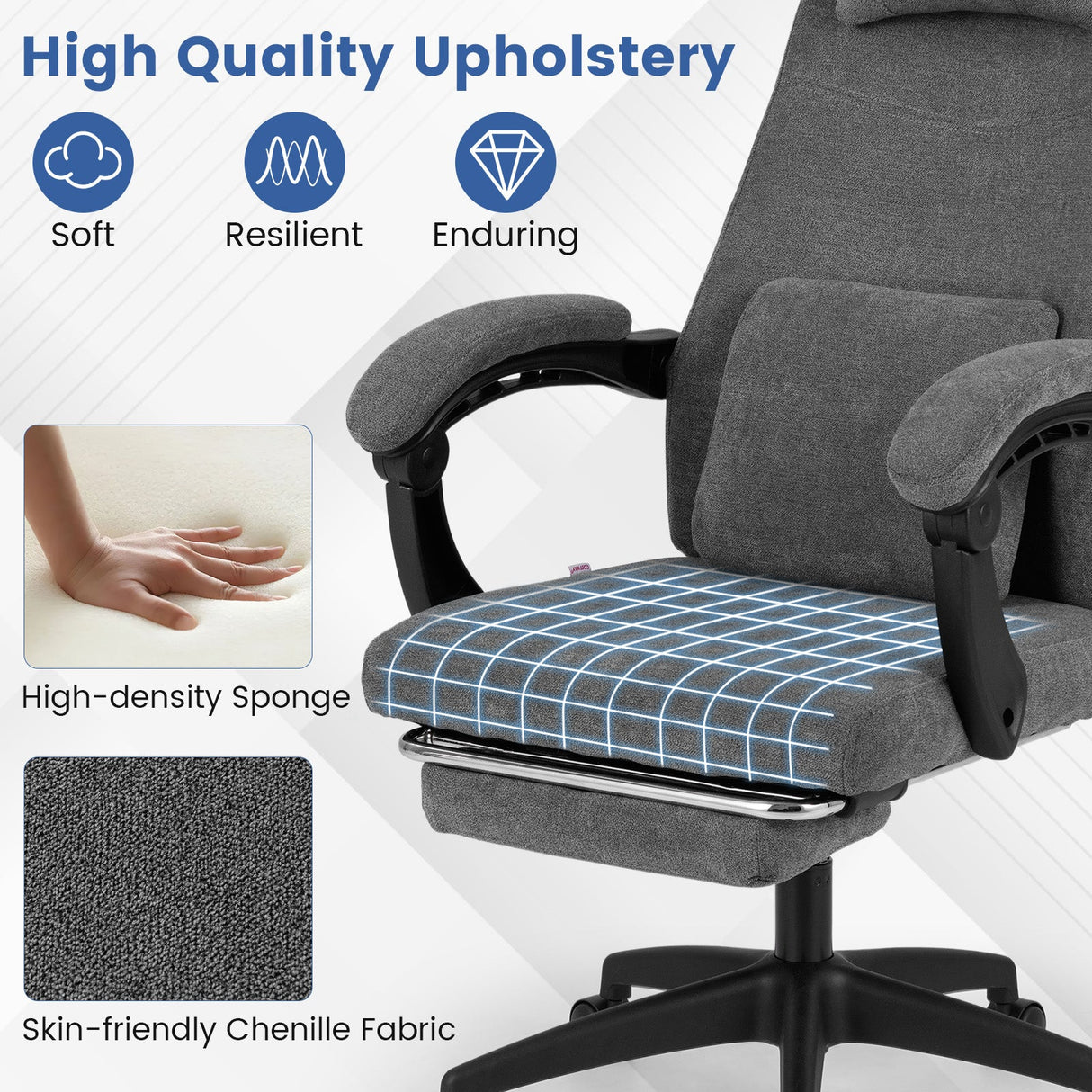 Sillón reclinable de oficina Tapizado en tela chenilla Silla de escritorio de computadora - Gris
