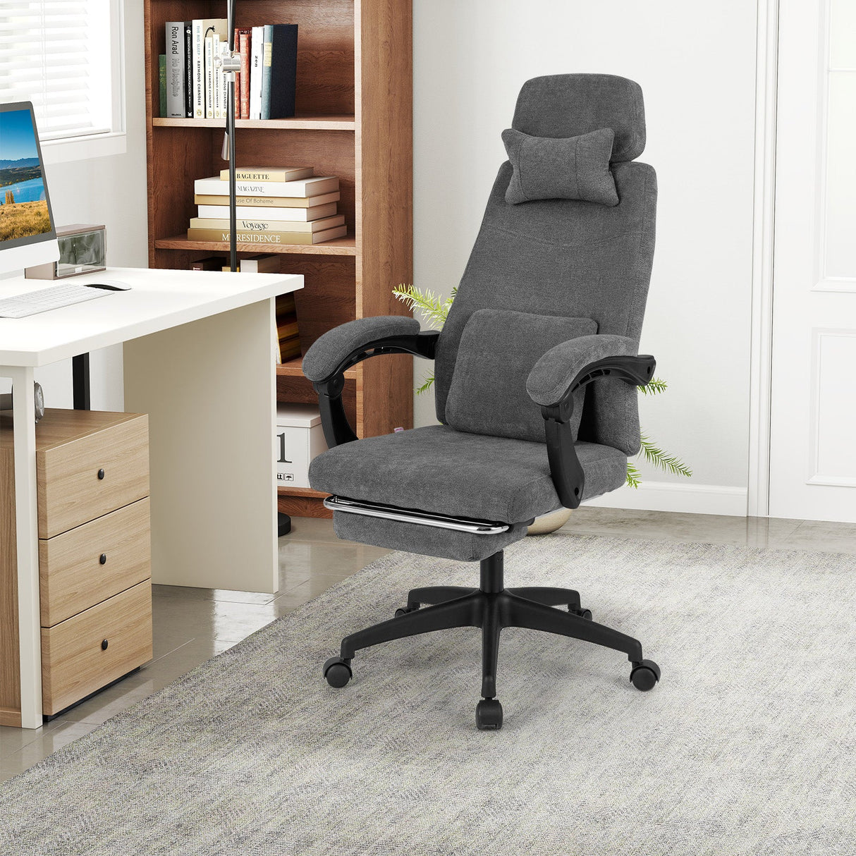 Sillón reclinable de oficina Tapizado en tela chenilla Silla de escritorio de computadora - Gris