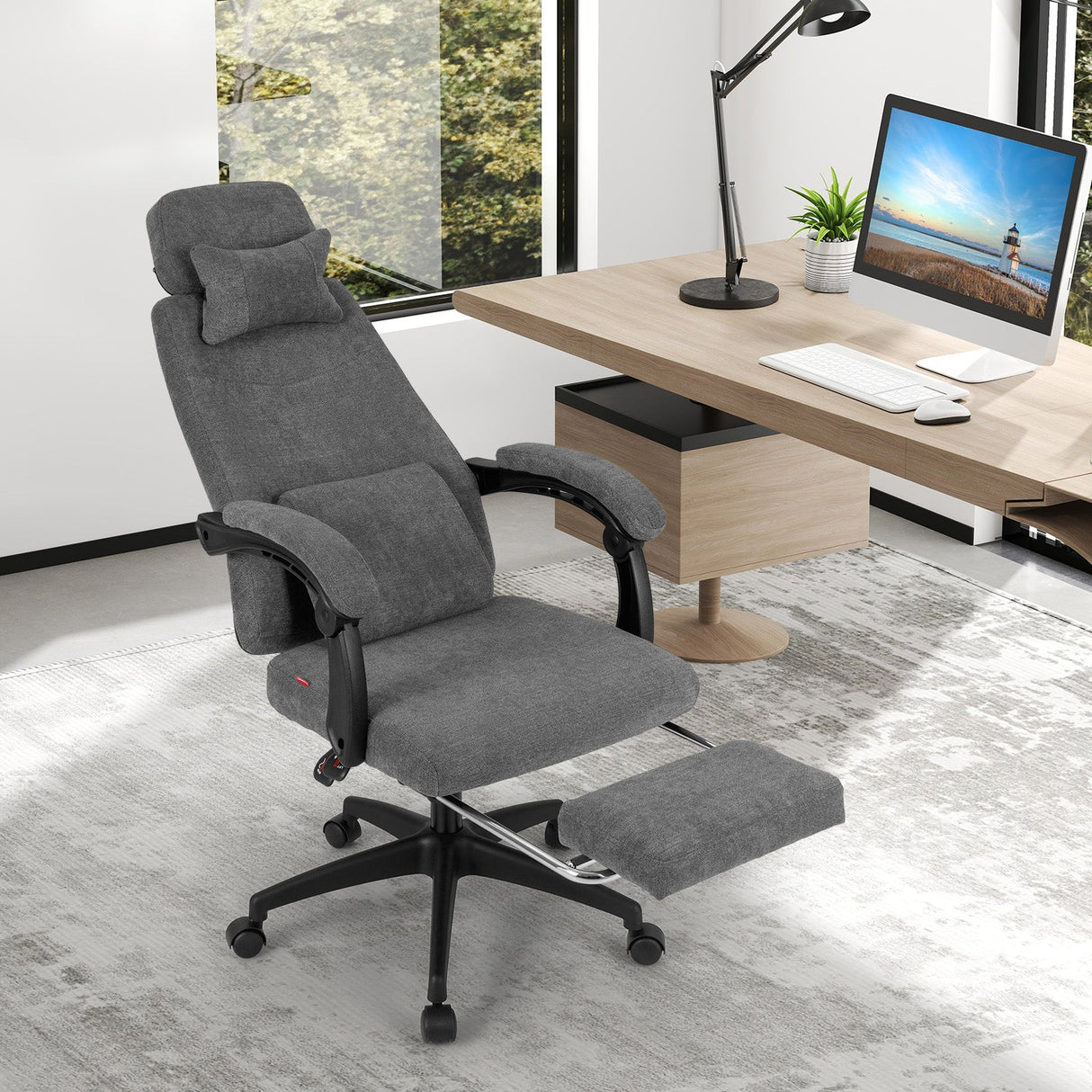 Sillón reclinable de oficina Tapizado en tela chenilla Silla de escritorio de computadora - Gris