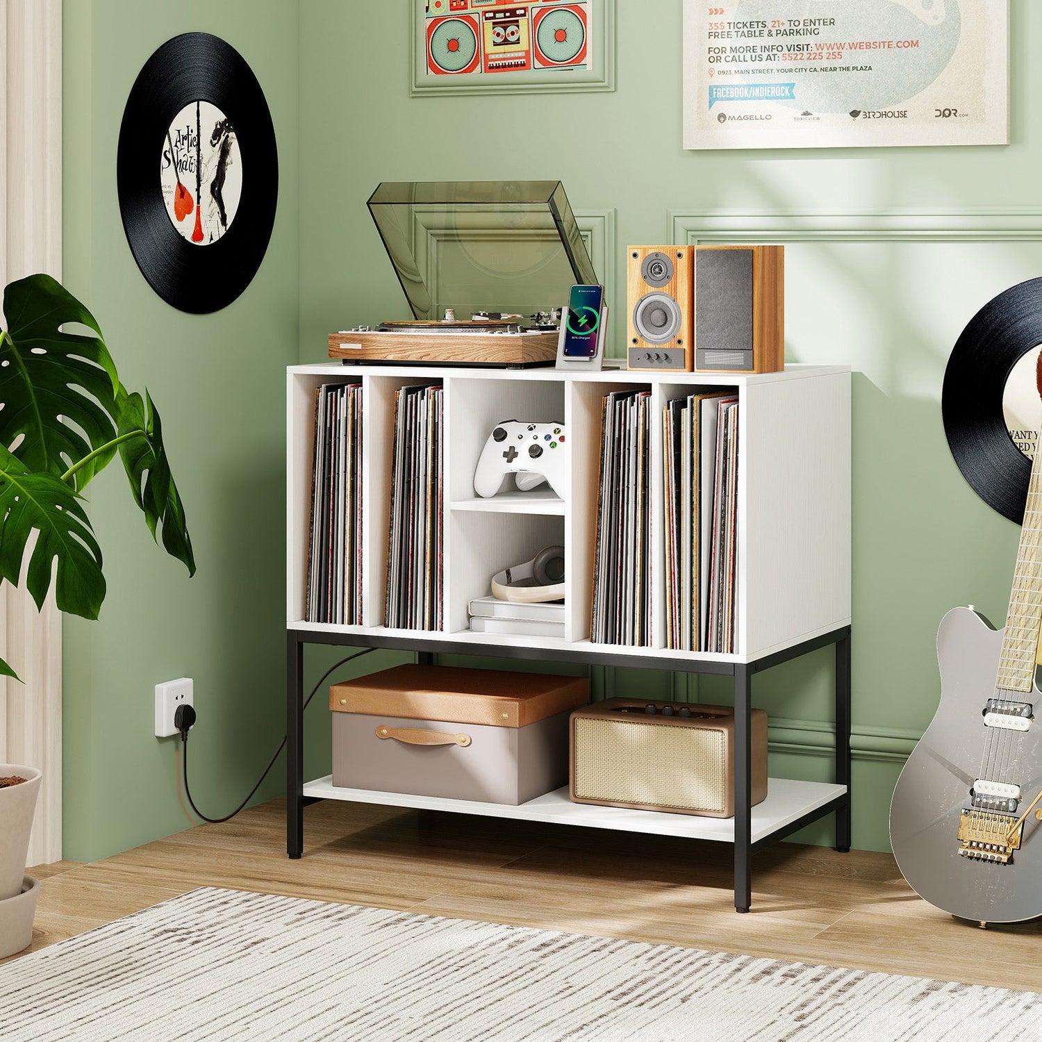 Record Player Stand with Charging Station and Metal Frame