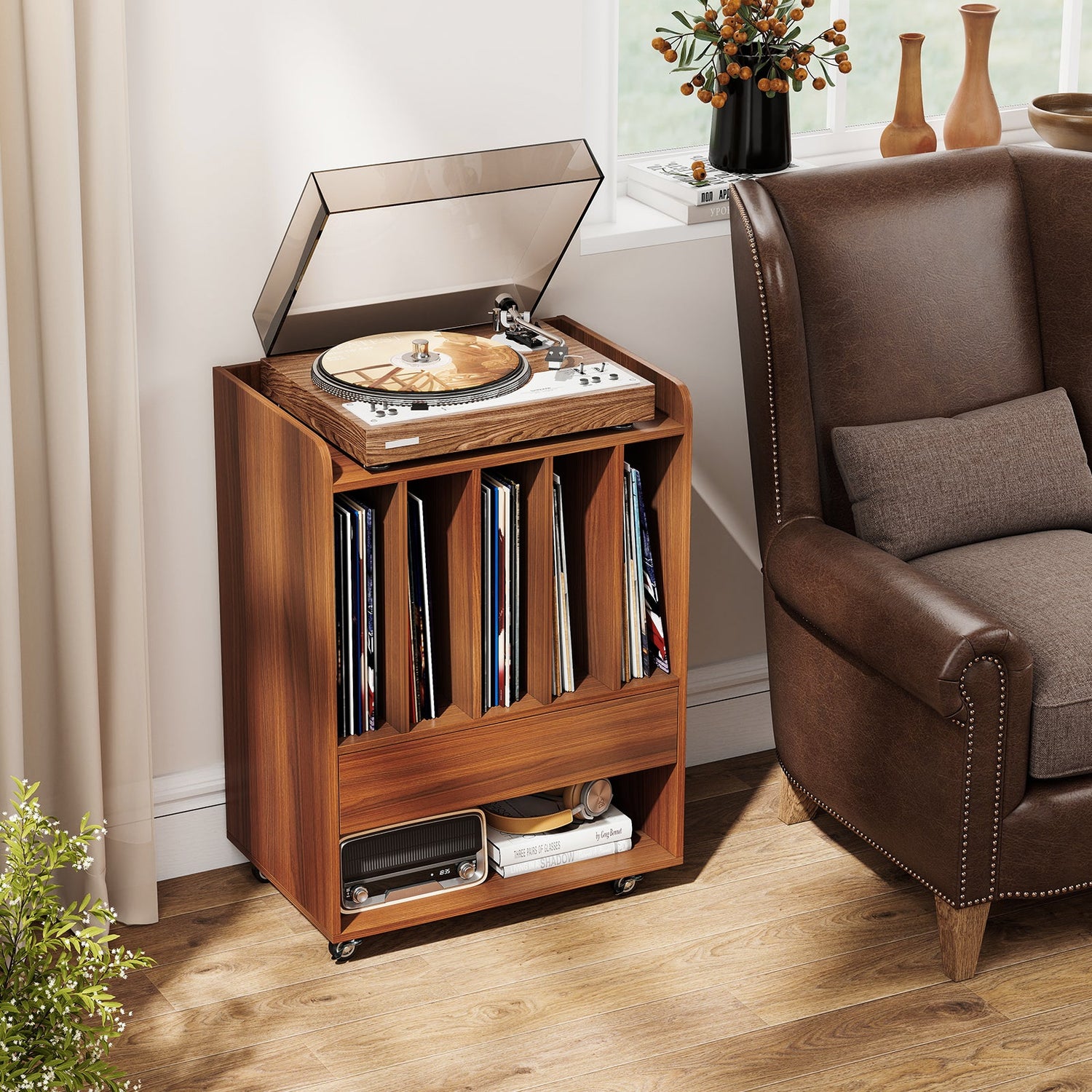 Record Player Stand Turntable Stand with Drawer and Record Holder