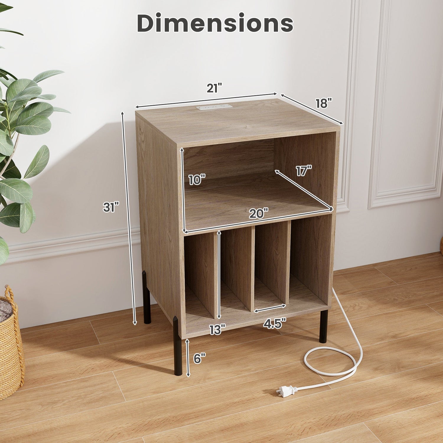 Mueble para tocadiscos con estante para discos y estación de carga