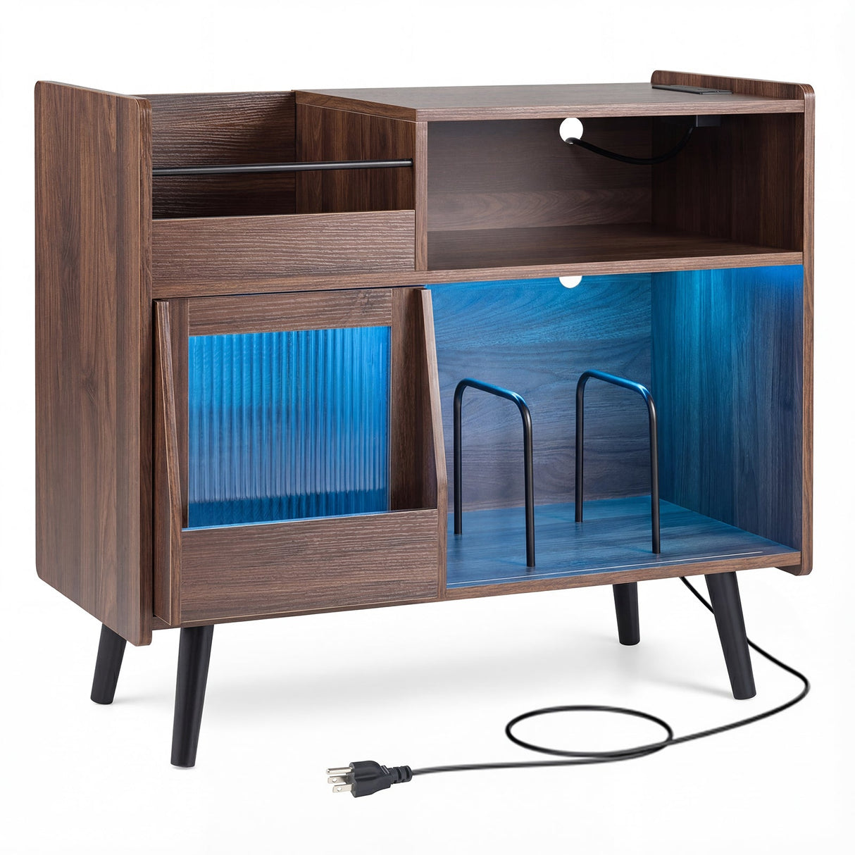 Soporte para tocadiscos con luz LED y tomas de corriente, mueble grande para tocadiscos con puerta corrediza - Marrón