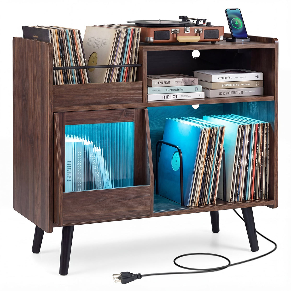 Soporte para tocadiscos con luz LED y tomas de corriente, mueble grande para tocadiscos con puerta corrediza - Marrón