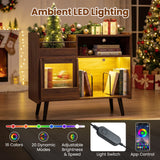 Soporte para tocadiscos con luz LED y tomas de corriente, mueble grande para tocadiscos con puerta corrediza - Marrón