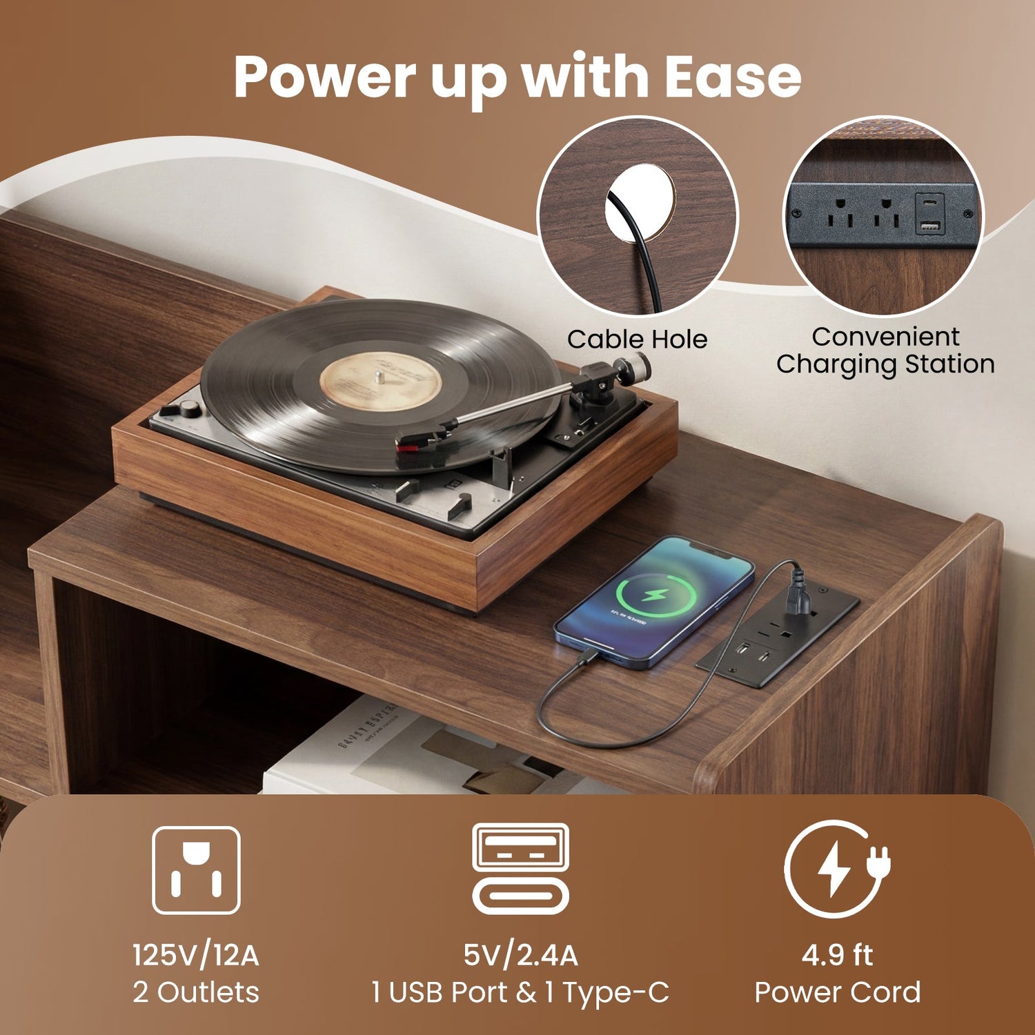 Soporte para tocadiscos con luz LED y tomas de corriente, mueble grande para tocadiscos con puerta corrediza - Marrón
