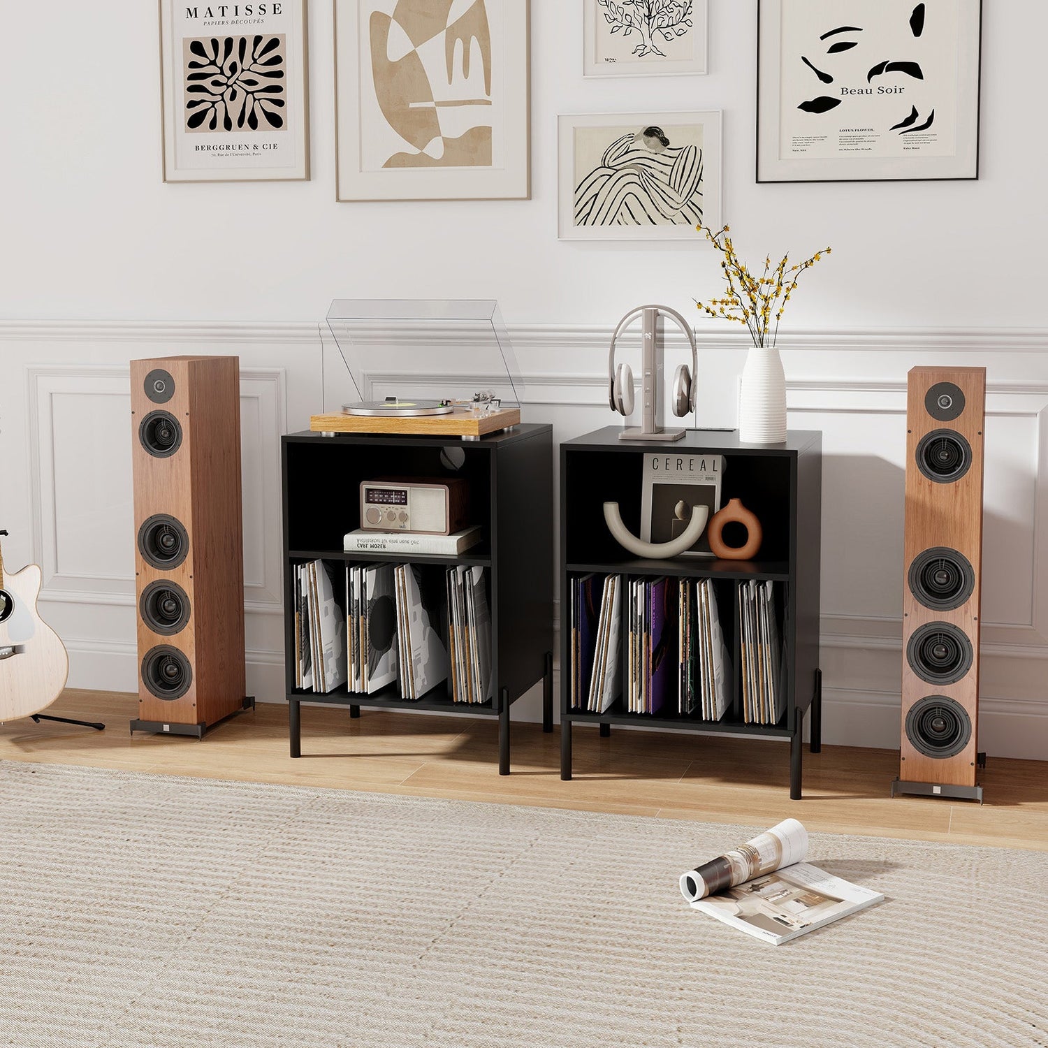 Mueble para tocadiscos con estante para discos y estación de carga