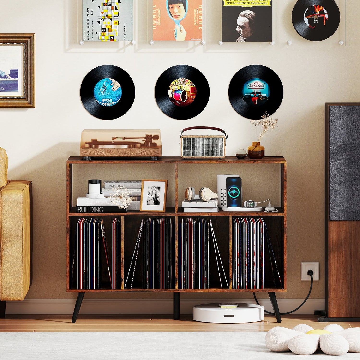 Mueble para tocadiscos con estación de carga y estantes abiertos - Marrón rústico