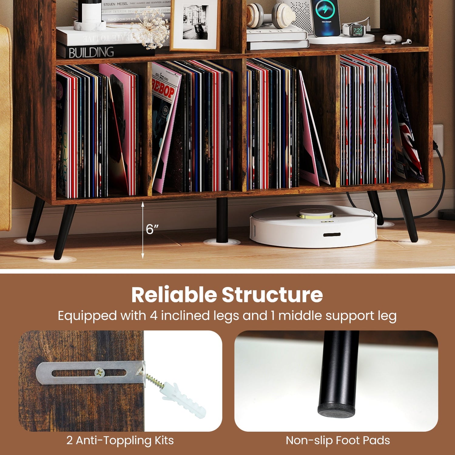 Mueble para tocadiscos con estación de carga y estantes abiertos - Marrón rústico