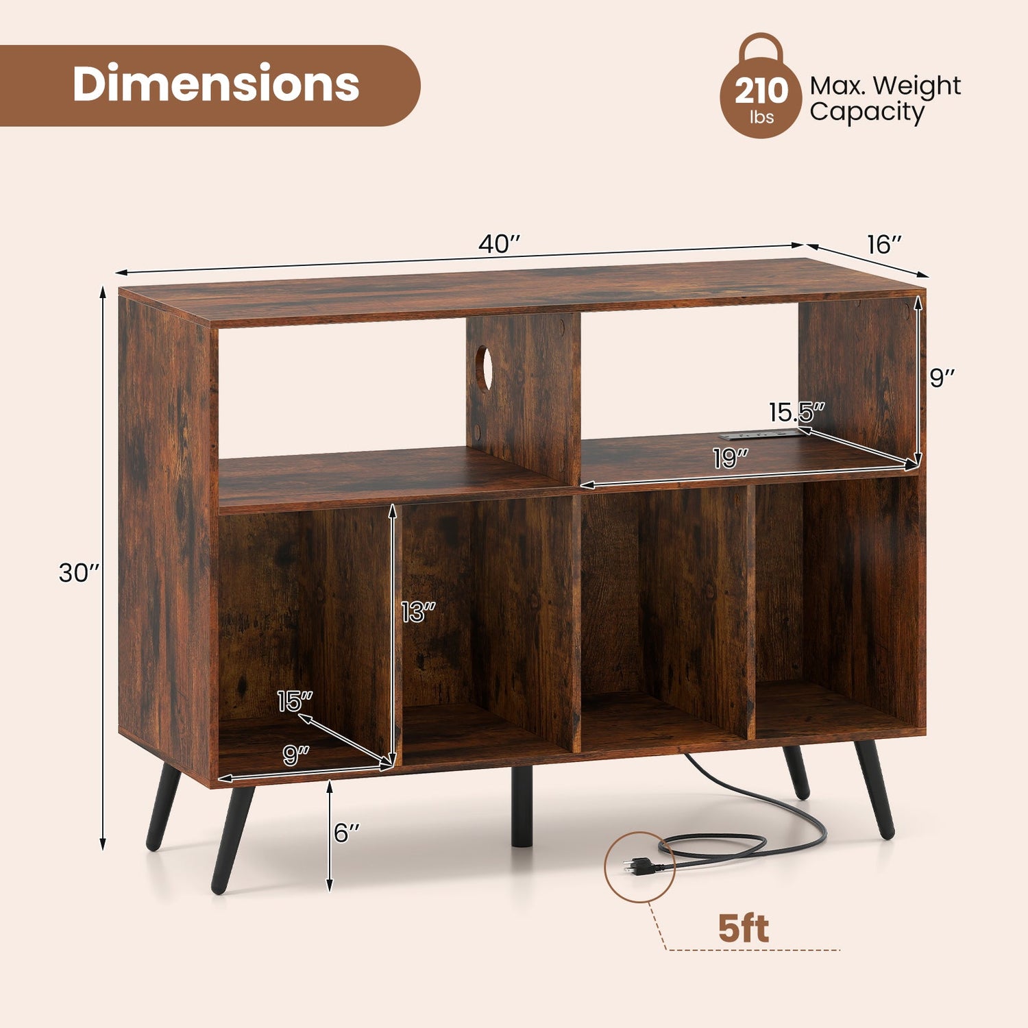 Mueble para tocadiscos con estación de carga y estantes abiertos - Marrón rústico