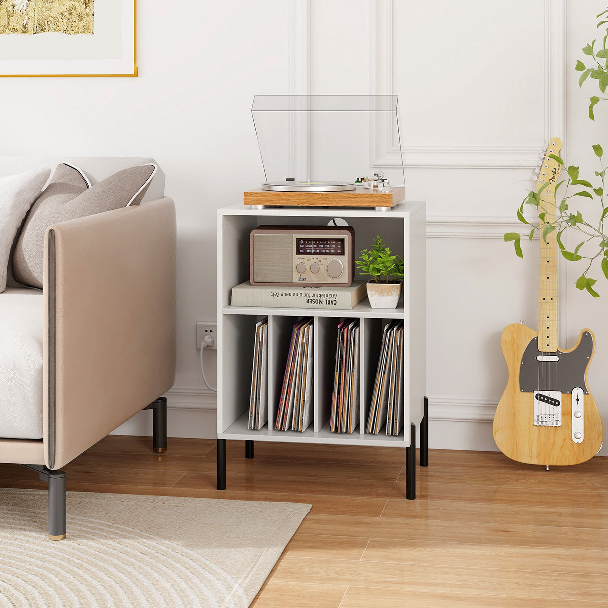 Mueble para tocadiscos con estante para discos y estación de carga