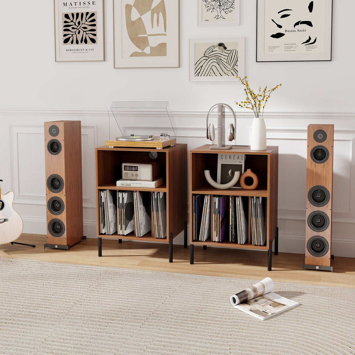 Mueble para tocadiscos con estante para discos y estación de carga