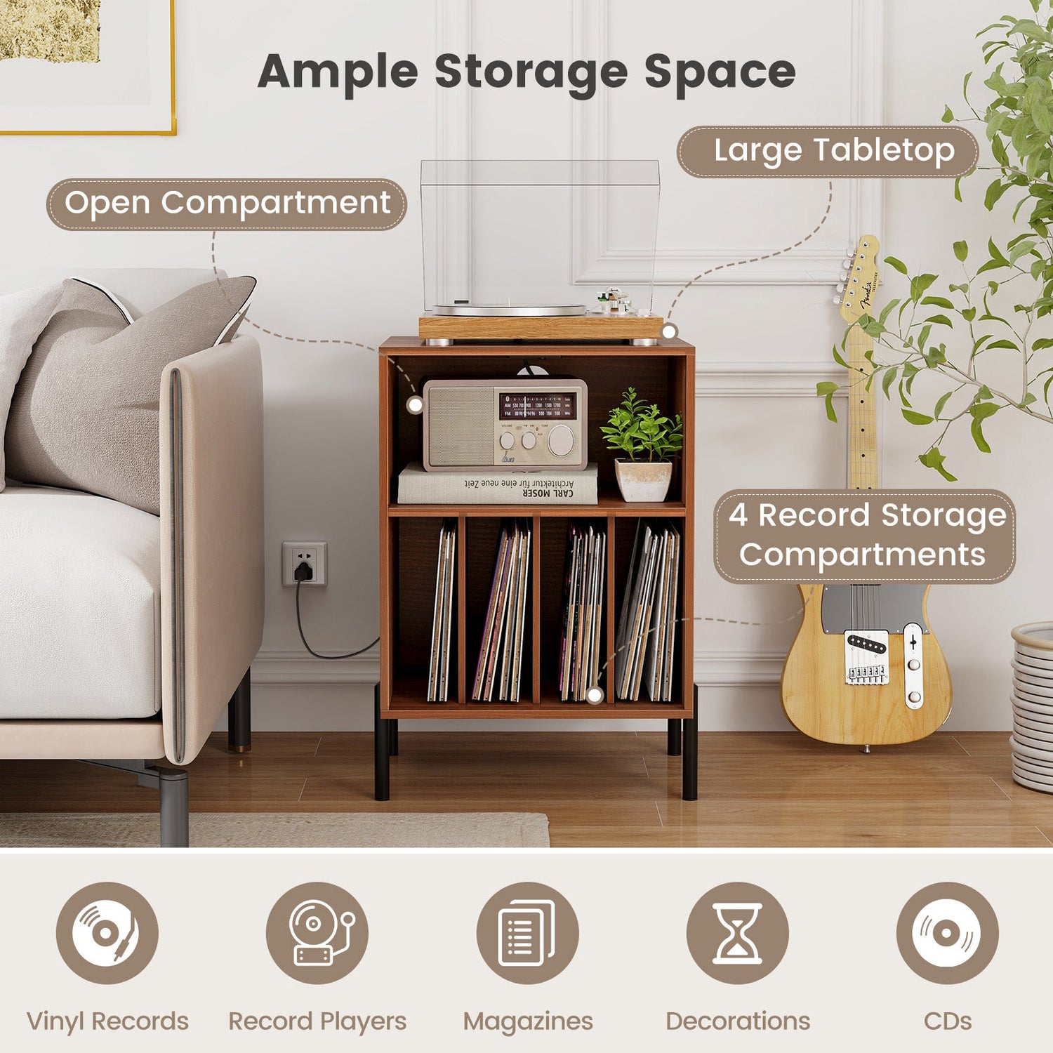 Mueble para tocadiscos con estante para discos y estación de carga