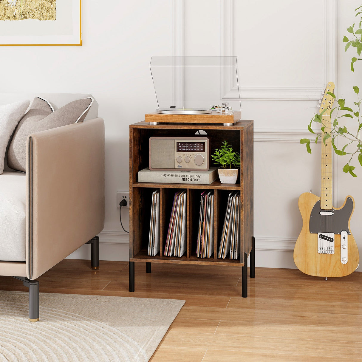 Mueble para tocadiscos con estante para discos y estación de carga
