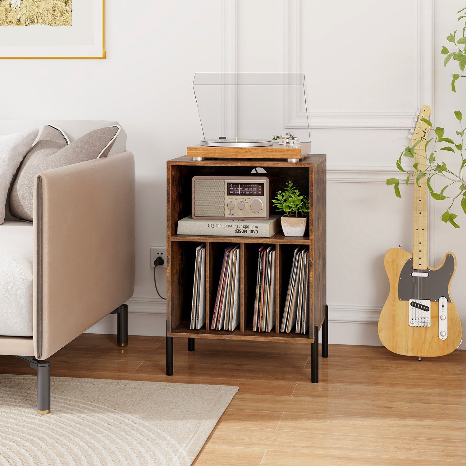 Mueble para tocadiscos con estante para discos y estación de carga