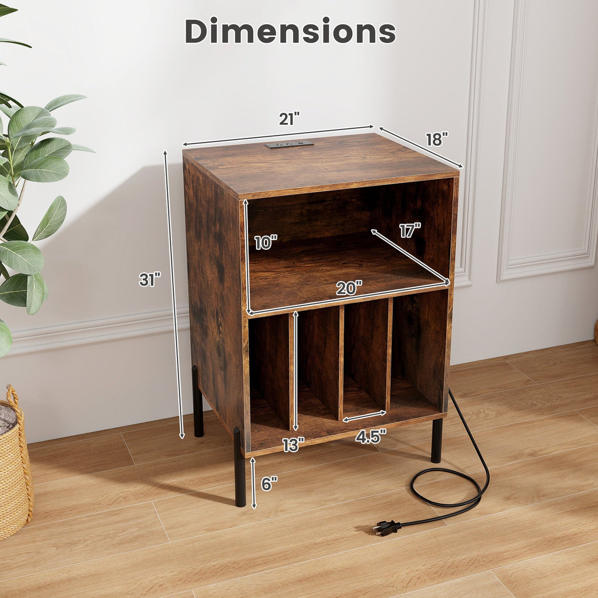 Mueble para tocadiscos con estante para discos y estación de carga